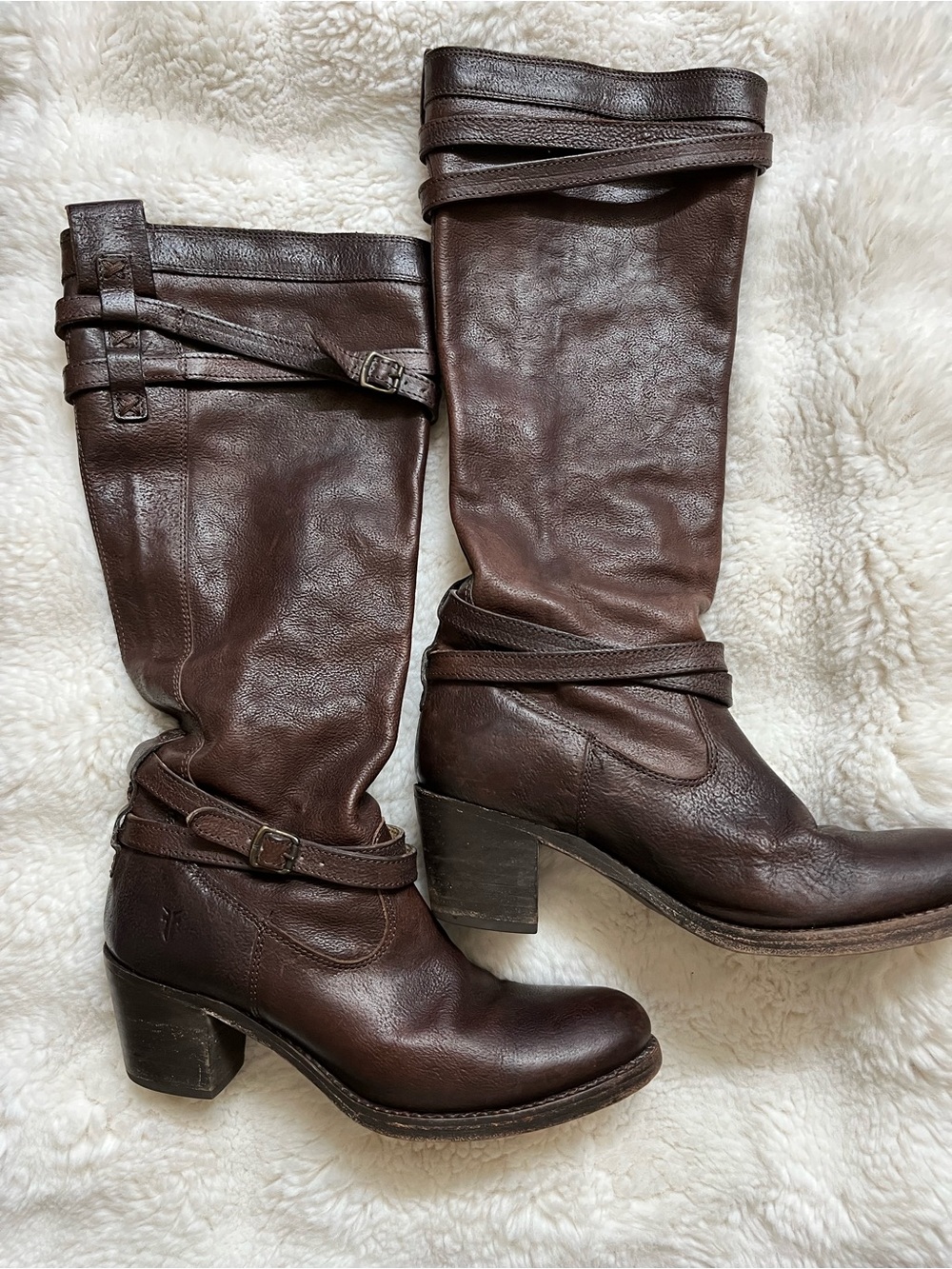 FRYE Jane 76396 Strappy Brown Leather Riding Boots Women's Size US 8.5 B